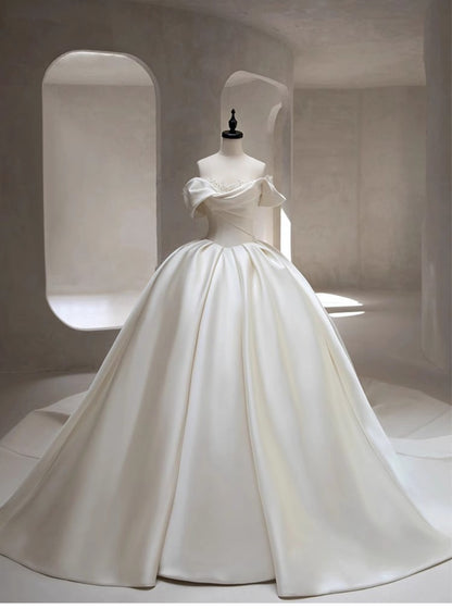 Jolie robe de mariée en satin blanc, épaules dénudées, longue, DH109