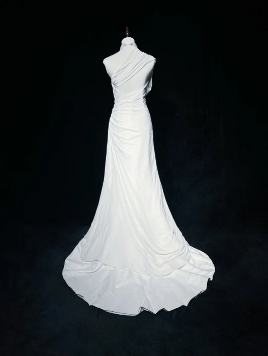 Robe de mariée vintage des années 1960, coupe trapèze, asymétrique, en mousseline, sans manches, longue, blanche, style années 90, élégante, DH1106