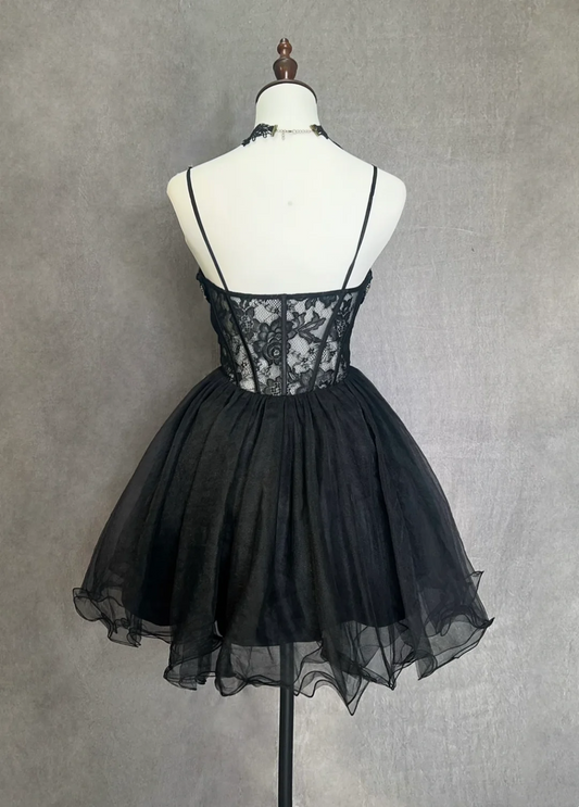 Vintage Ballkleid Spaghettiträger Schwarzer Tüll Mini Kurzes formelles Homecoming-Kleid für die 8. Klasse Sommer Mittelschule Hoco Kleid Homecoming-Outfits Geburtstagsoutfit DH1112