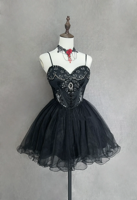 Vintage Ballkleid Spaghettiträger Schwarzer Tüll Mini Kurzes formelles Homecoming-Kleid für die 8. Klasse Sommer Mittelschule Hoco Kleid Homecoming-Outfits Geburtstagsoutfit DH1112
