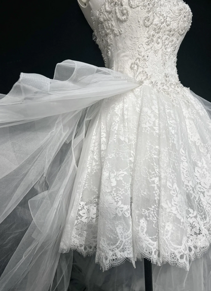 Unique Bridal Gown High Low Spaghetti Straps Lace Sleeveless White 50s Wedding Dresses Modest Bridal Gowns DH1115