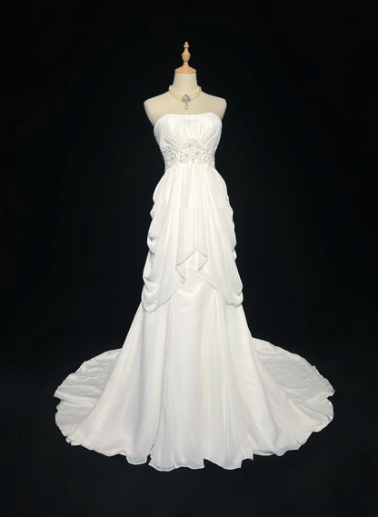 Retro Brautkleid 1960er Jahre A-Linie trägerlos ärmellos Chiffon Plissee Perlen lange weiße Brautkleider elegante Brautkleider DH1119