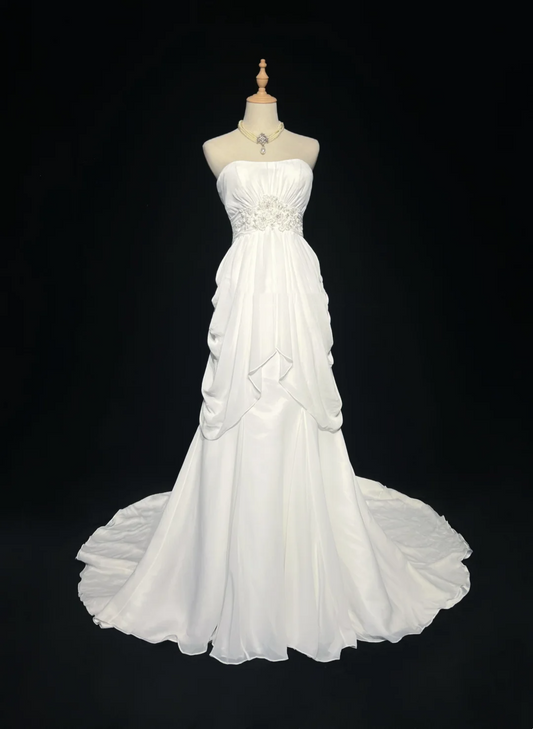 Retro Brautkleid 1960er Jahre A-Linie trägerlos ärmellos Chiffon Plissee Perlen lange weiße Brautkleider elegante Brautkleider DH1119