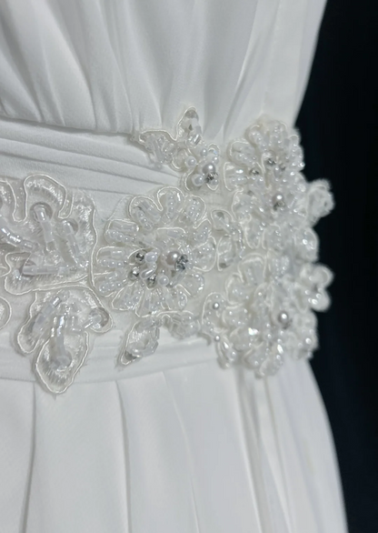 Retro Brautkleid 1960er Jahre A-Linie trägerlos ärmellos Chiffon Plissee Perlen lange weiße Brautkleider elegante Brautkleider DH1119