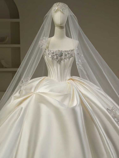Pretty Wedding Dress Ball Gown Strapless White Long Satin Wedding Dresses Bridal Gowns Brides Gown DH111
