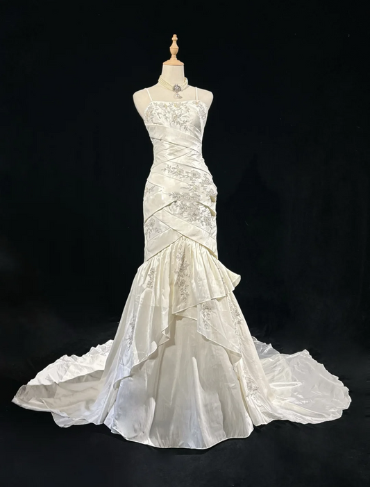 Retro Brautkleid 1960er Meerjungfrau Spaghettiträger Ärmellose Spitze Langes weißes 60er Brautkleid Elegante Brautkleider DH1120
