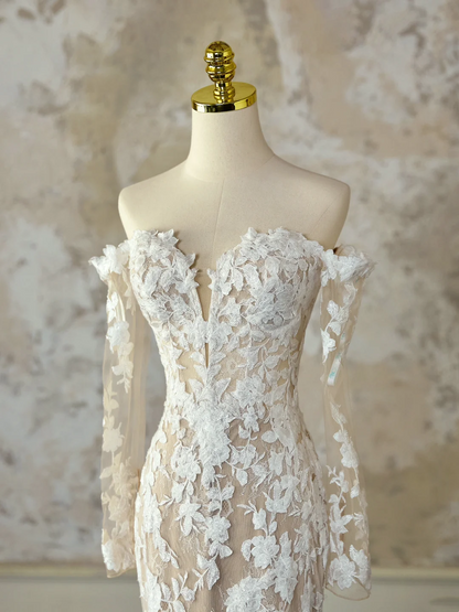 Bescheidenes Brautkleid Meerjungfrau aus der Schulter weiß mit langen Ärmeln Tüll Spitze Brautkleider elegante Brautkleider DH1132