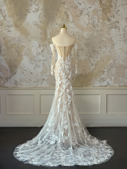 Bescheidenes Brautkleid Meerjungfrau aus der Schulter weiß mit langen Ärmeln Tüll Spitze Brautkleider elegante Brautkleider DH1132