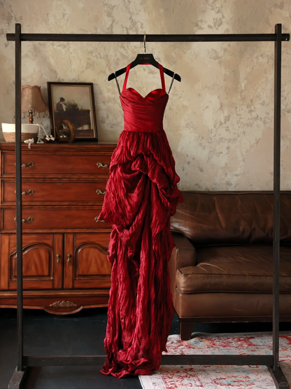 Robe de soirée élégante en satin rouge vin, col licou, robe de bal longue, tenue d'été pour 20e anniversaire, 18e anniversaire, DH1139