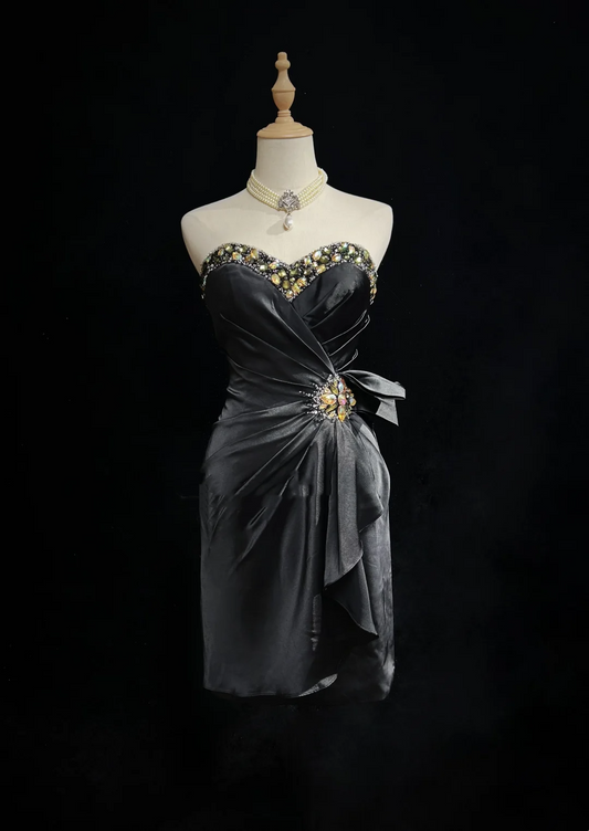 Vintage Sheath Sweetheart Black Satin Mini Short Formal 8th Grade Homecoming Dresses Summer Middle School Hoco Dress 20th Birthday Outfits DH1154