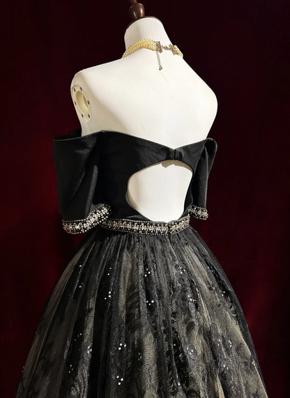 Robe de bal vintage à épaules dénudées, en tulle noir et dentelle, tenue de soirée formelle pour la 8e année, tenue d'été pour le collège, tenue Hoco pour le 20e anniversaire, DH1157