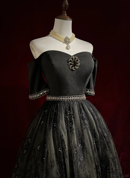 Robe de bal vintage à épaules dénudées, en tulle noir et dentelle, tenue de soirée formelle pour la 8e année, tenue d'été pour le collège, tenue Hoco pour le 20e anniversaire, DH1157