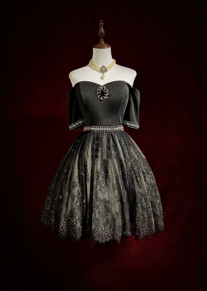 Robe de bal vintage à épaules dénudées, en tulle noir et dentelle, tenue de soirée formelle pour la 8e année, tenue d'été pour le collège, tenue Hoco pour le 20e anniversaire, DH1157