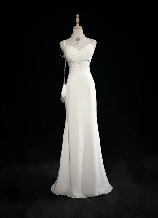 Unique Wedding Dress Mermaid Spaghetti Straps White Chiffon Beads 90s Wedding Dresses Vintage Bridal Gowns DH1164