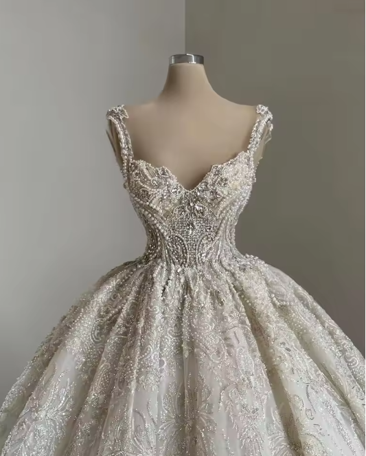 Unique Bridal Gown Ball Gown Straps Neck White Sequin Wedding Dresses Pretty Bridal Gowns DH1222