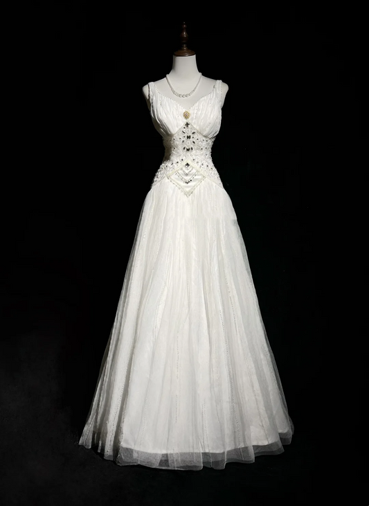 Unique Bridal Dress A Line V Neck White Tulle Long 90s Wedding Dresses Vintage Bride Dress Bridal Gowns DH1256