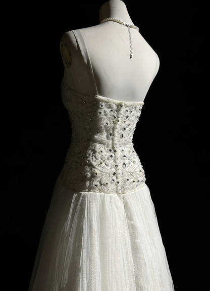Unique Bridal Dress A Line V Neck White Tulle Long 90s Wedding Dresses Vintage Bride Dress Bridal Gowns DH1256