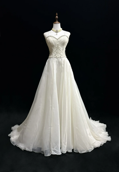 Robe de mariée unique, coupe trapèze, bretelles spaghetti, dentelle blanche, longue, style années 90, robe de mariée vintage, robes de mariée DH1259