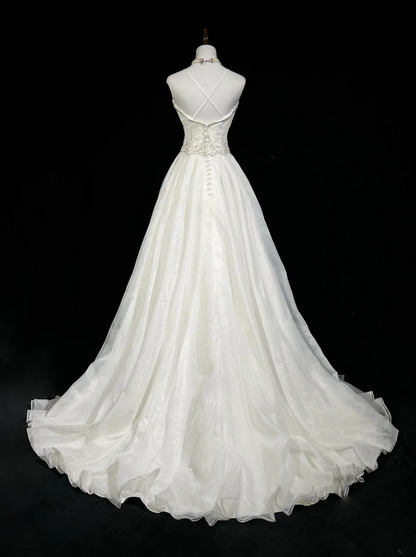 Robe de mariée unique, coupe trapèze, bretelles spaghetti, dentelle blanche, longue, style années 90, robe de mariée vintage, robes de mariée DH1259