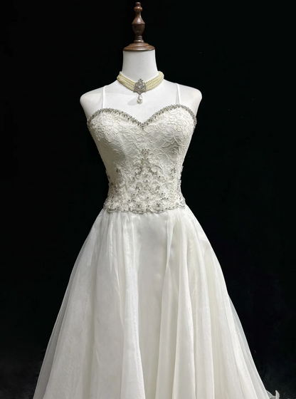 Robe de mariée unique, coupe trapèze, bretelles spaghetti, dentelle blanche, longue, style années 90, robe de mariée vintage, robes de mariée DH1259