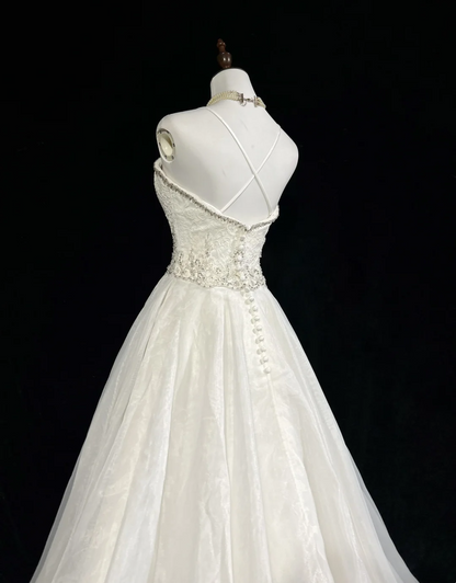 Robe de mariée unique, coupe trapèze, bretelles spaghetti, dentelle blanche, longue, style années 90, robe de mariée vintage, robes de mariée DH1259