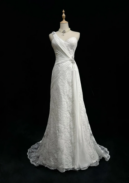 Unique Bridal Dress Mermaid One Shoulder Chiffon White Lace Wedding Dress With Beads 90s Wedding Dresses Vintage Bride Dress Bridal Gowns DH1264