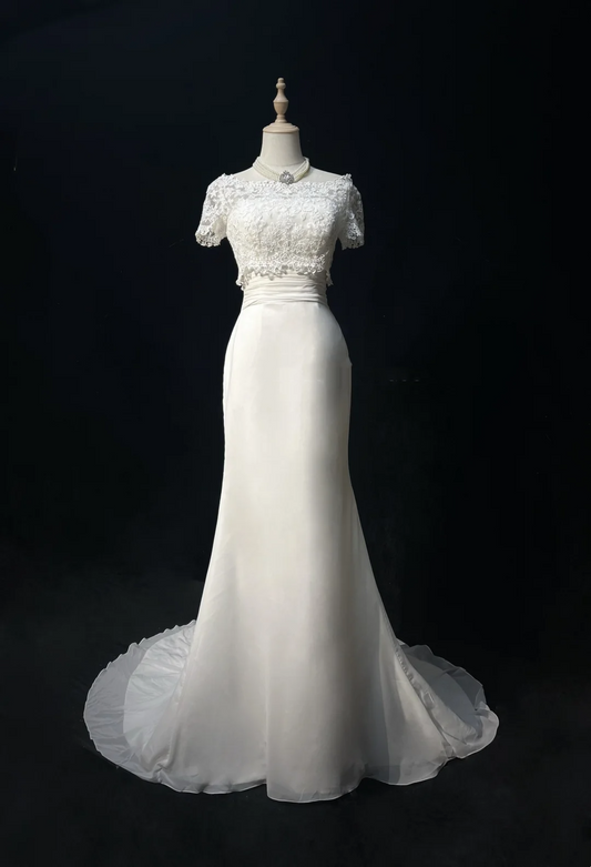 Unique Bridal Gown Mermaid Strapless Chiffon Wedding Dress With White Short Sleeves Lace Jacket Wedding Dresses Vintage 80s Wedding Gowns DH1265