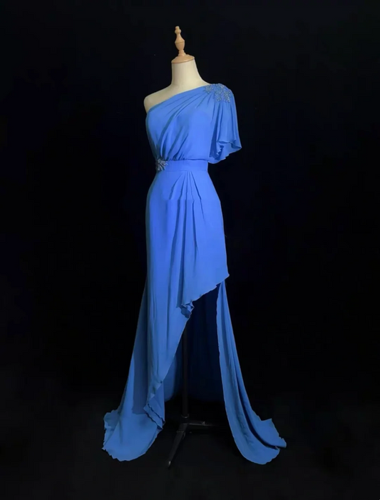 Vintage A line One Shoulder Sleeveless Royal Blue Chiffon Petite Mother Of Bride Dress Party Gown Floor Length For Summer Women Wedding DH1269
