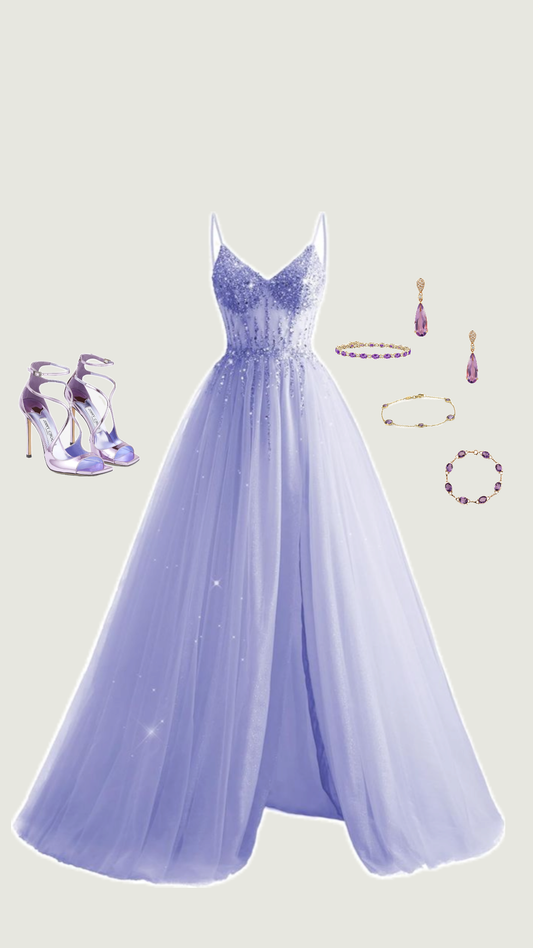 Elegant A Line Spaghetti Straps Lilac Tulle Slit Long Prom Dresses Party Dress Summer 20th Birthday Outfits 18th Birthday Dresses DH1282