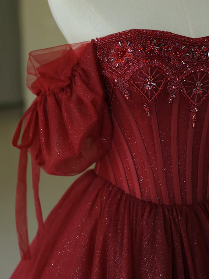 Hübsches Ballkleid aus der Schulter Burgund Tüll lange Quinceanera Kleid formale Kleider Vestido de 15 Anos Sweet 16 Kleid DH1286