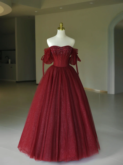 Hübsches Ballkleid aus der Schulter Burgund Tüll lange Quinceanera Kleid formale Kleider Vestido de 15 Anos Sweet 16 Kleid DH1286
