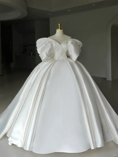 Prinzessin Brautkleid Ballkleid aus der Schulter Satin Brautkleid mit weißen kurzen Ärmeln Brautkleider bescheidene Brautkleider DH1287