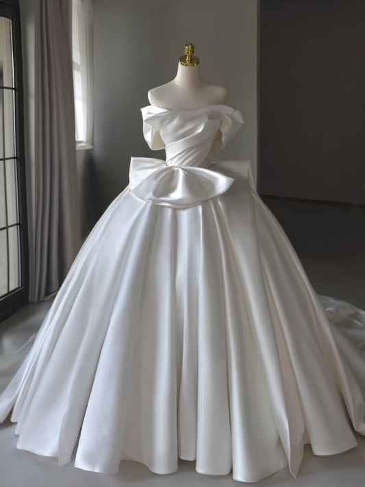 Prinzessin Brautkleid Ballkleid aus der Schulter Satin Brautkleid mit weißen kurzen Ärmeln Brautkleider bescheidene Brautkleider DH1288