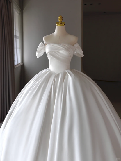 Prinzessin Brautkleid Ballkleid aus Satin mit schulterfreiem Rücken und weißen kurzen Ärmeln Brautkleider, schlichte Brautkleider DH1289