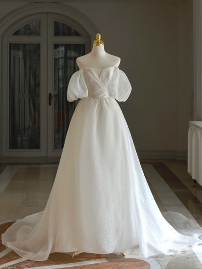Prinzessin Brautkleid Ballkleid aus der Schulter Satin Brautkleid mit kurzen Ärmeln Brautkleider bescheidene Brautkleider DH1290