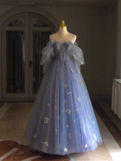Hübsches Ballkleid aus der Schulter blau lila Tüll lange Quinceanera Kleid formale Kleider Vestido de 15 Anos Sweet 16 Kleid DH1291