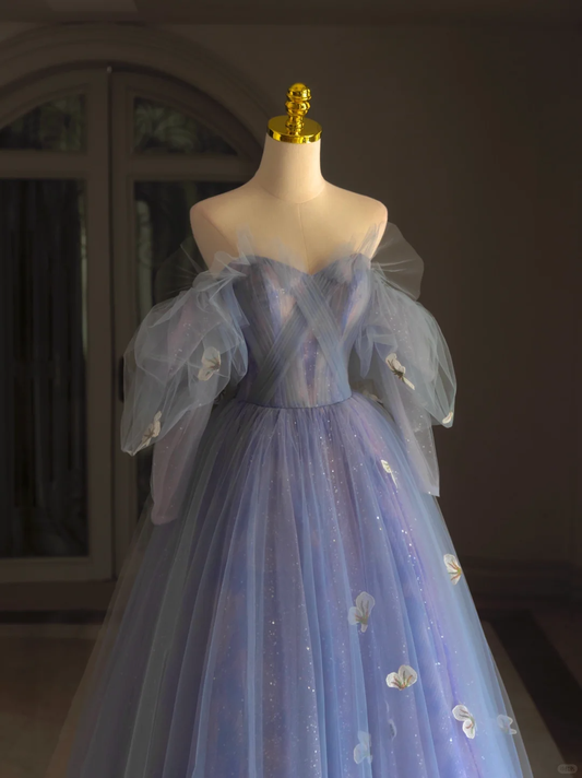Hübsches Ballkleid aus der Schulter blau lila Tüll lange Quinceanera Kleid formale Kleider Vestido de 15 Anos Sweet 16 Kleid DH1291