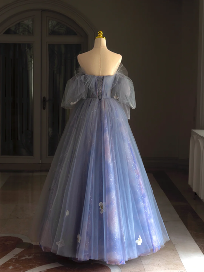 Hübsches Ballkleid aus der Schulter blau lila Tüll lange Quinceanera Kleid formale Kleider Vestido de 15 Anos Sweet 16 Kleid DH1291