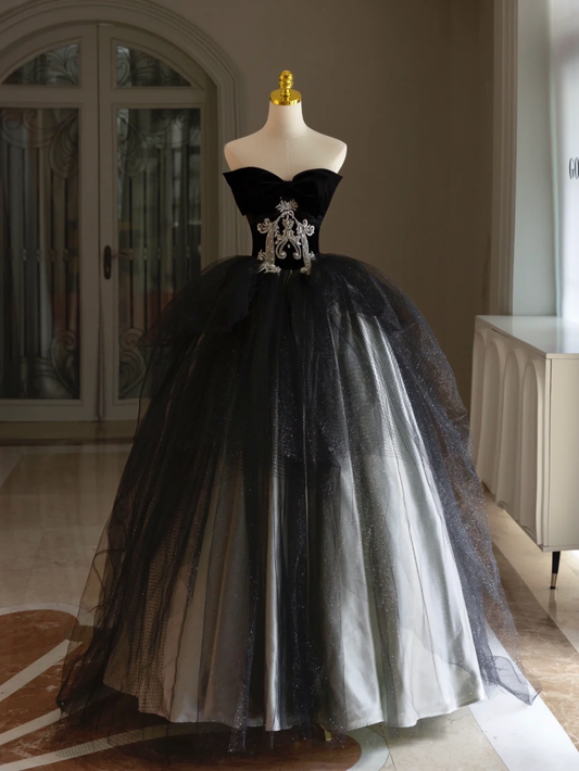 Robe de bal de luxe à col en cœur et épaules dénudées, en dentelle, avec appliques, en tulle noir, robe de Quinceanera, robe de soirée, robe de 15 ans, robe Sweet 16 DH1292