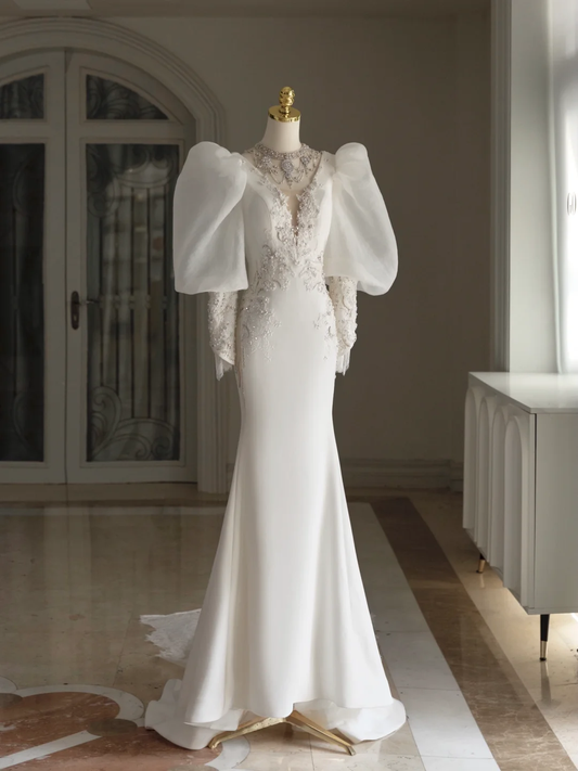 Retro Brautkleid Meerjungfrau V-Ausschnitt Lange Ärmel Satin Brautkleid mit Spitze Brautkleider Bescheidene Brautkleider DH1294