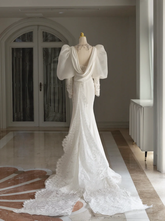 Retro Brautkleid Meerjungfrau V-Ausschnitt Lange Ärmel Satin Brautkleid mit Spitze Brautkleider Bescheidene Brautkleider DH1294