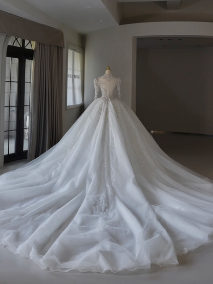 Luxus-Ballkleid mit V-Ausschnitt und langen Ärmeln, Spitze, Brautkleid mit silbernen Perlen, Brautkleider, bescheidene Brautkleider, Brautkleid DH1301