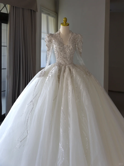Luxus-Ballkleid mit V-Ausschnitt und langen Ärmeln, Spitze, Brautkleid mit silbernen Perlen, Brautkleider, bescheidene Brautkleider, Brautkleid DH1301