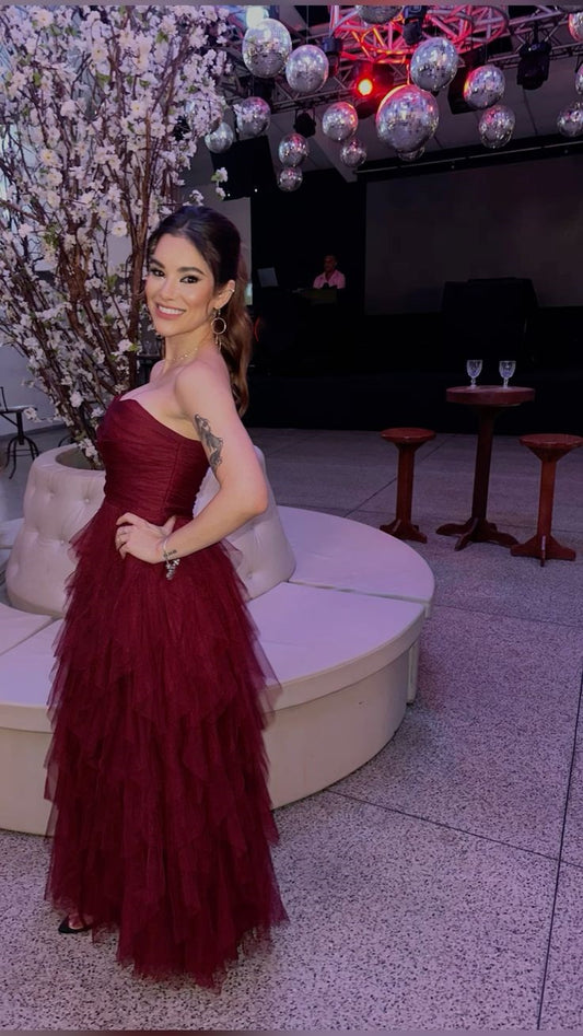 Edles A-Linien-Trägerloses Burgunderrotes Langes Tüll-Abschlussballkleid Sommerkleid für Hochzeitsgäste Brautgastkleider Hochzeits-Outfits für Gäste DH131
