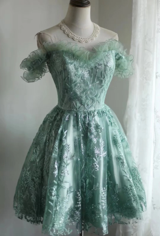 Robe de bal vintage à épaules dénudées, mini robe courte en dentelle verte, tenue de soirée formelle pour 8e année, tenue d'été pour le collège, tenue Hoco pour 20e anniversaire, DH1315