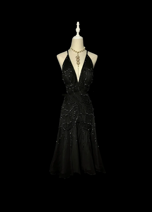 Robe de bal courte style sirène vintage en mousseline de soie noire, col licou, tenue de soirée formelle pour le collège, tenue Hoco DH1332