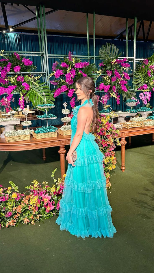Edle A-Linie Hater Blau Langes Formales Ballkleid Sommerkleid für Hochzeitsgäste Kleider für Brautgäste Hochzeits-Outfits für Gäste DH134