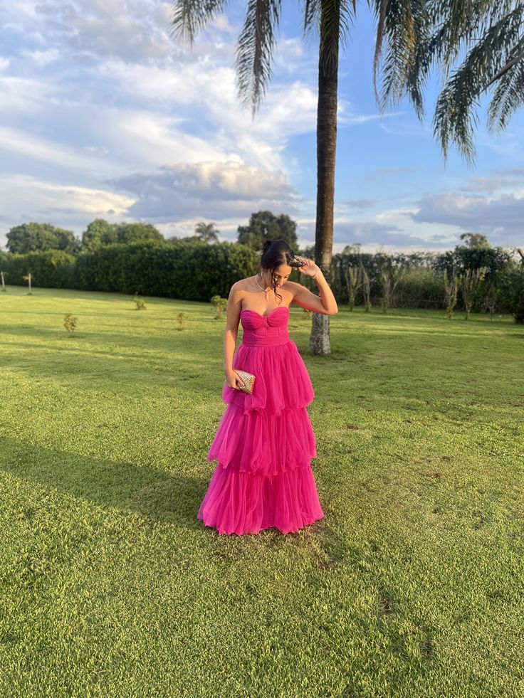 Sexy A-Linie Herzausschnitt Rosa Tüll Lange Ballkleider Partykleid 20. Geburtstag Outfits Abschlusskleider DH135