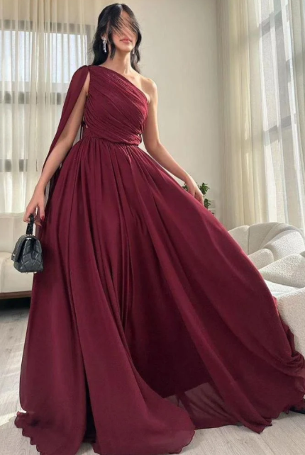 Edles A-Linie One-Shoulder-Burgunderrot Langes formelles Ballkleid Sommerkleid für Hochzeitsgäste Brautgastkleider Hochzeits-Outfits für Gäste DH139