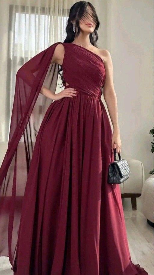 Edles A-Linie One-Shoulder-Burgunderrot Langes formelles Ballkleid Sommerkleid für Hochzeitsgäste Brautgastkleider Hochzeits-Outfits für Gäste DH139